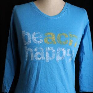 Beach Happy 30A Blue 3/4 Sleeve V-Neck Womens XS Top Shirt Recycled Sustainable